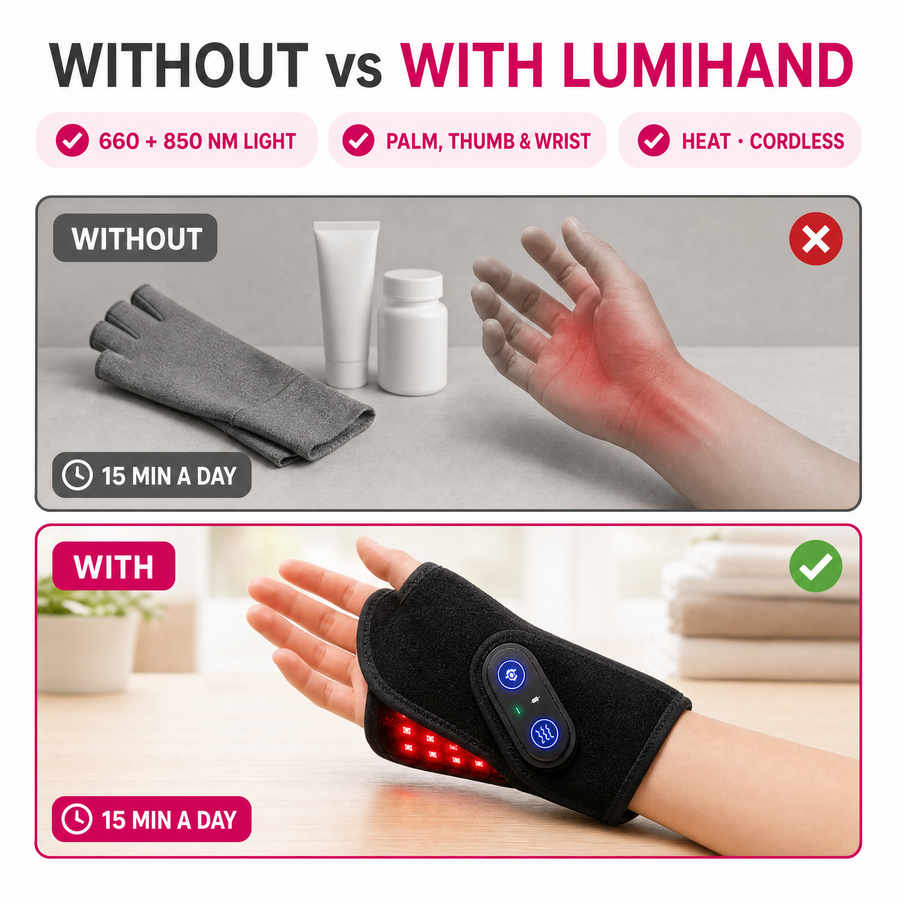LumiHand red light hand wrap - us vs them without with
