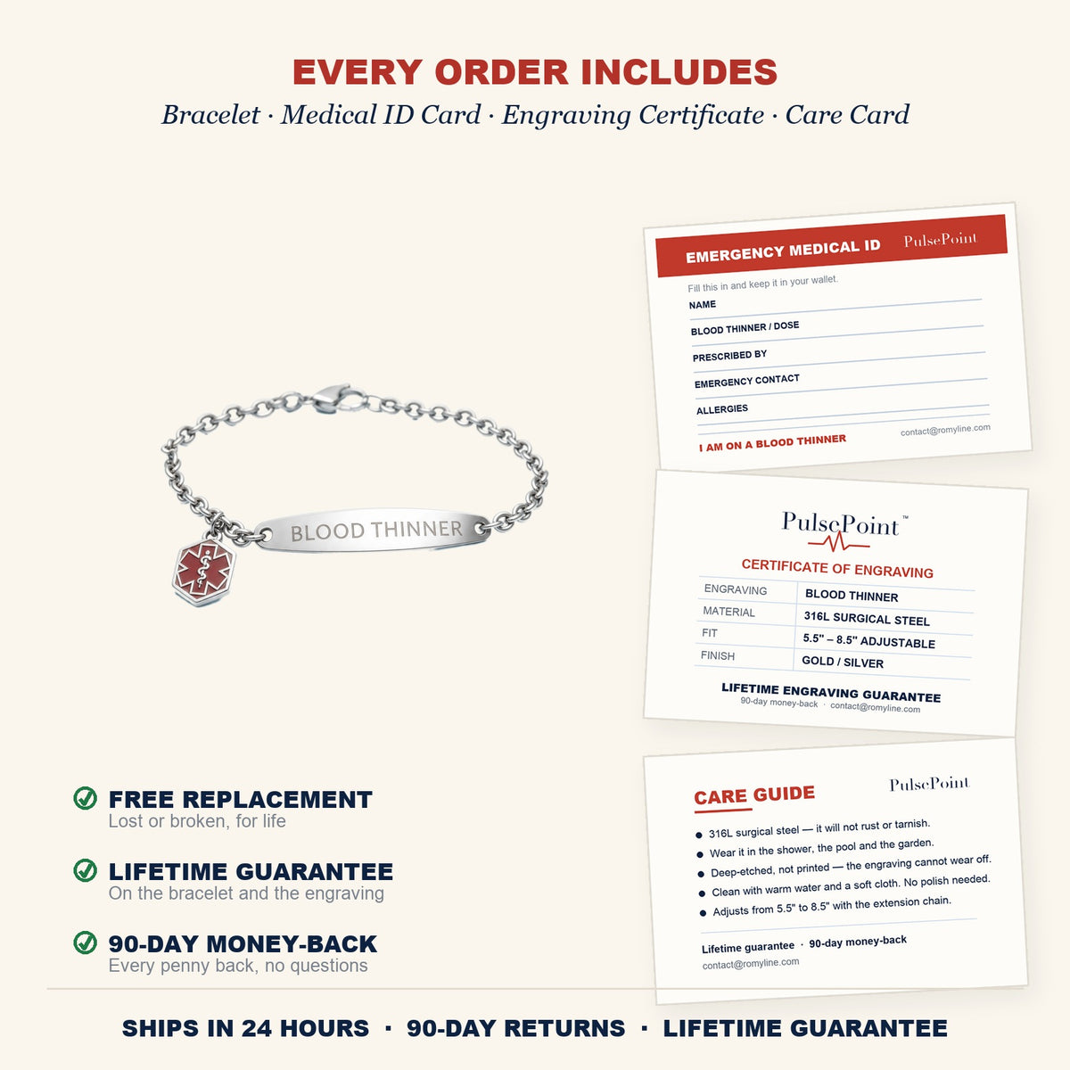 Every order includes: bracelet, medical ID card, engraving certificate, care card