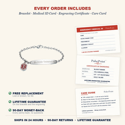 Every order includes: bracelet, medical ID card, engraving certificate, care card