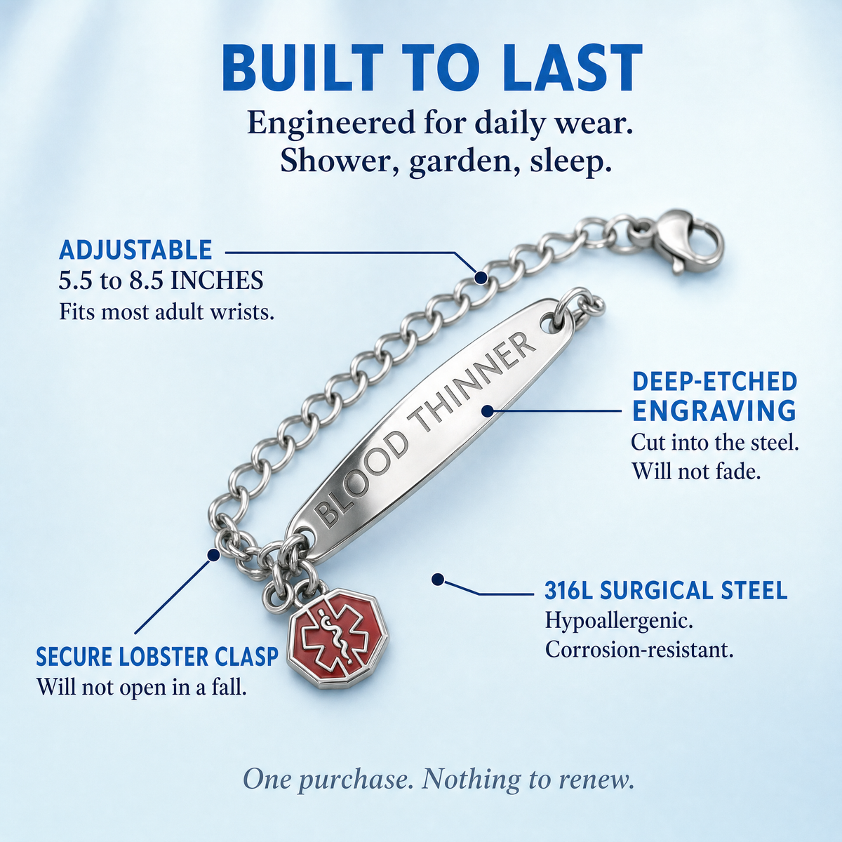 Built to last: 316L surgical steel, deep-etched engraving, secure clasp